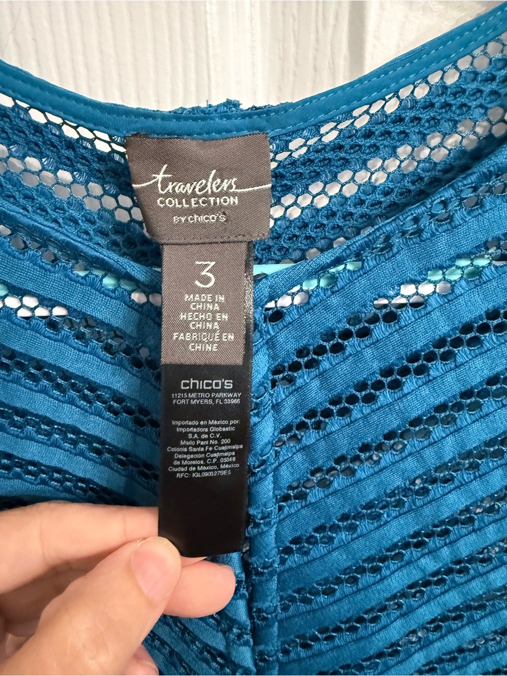 Chico’s Travelers Collection Teal Open Knit Mesh Cardigan Cover Up Tunic XL 3 - Picture 3 of 5